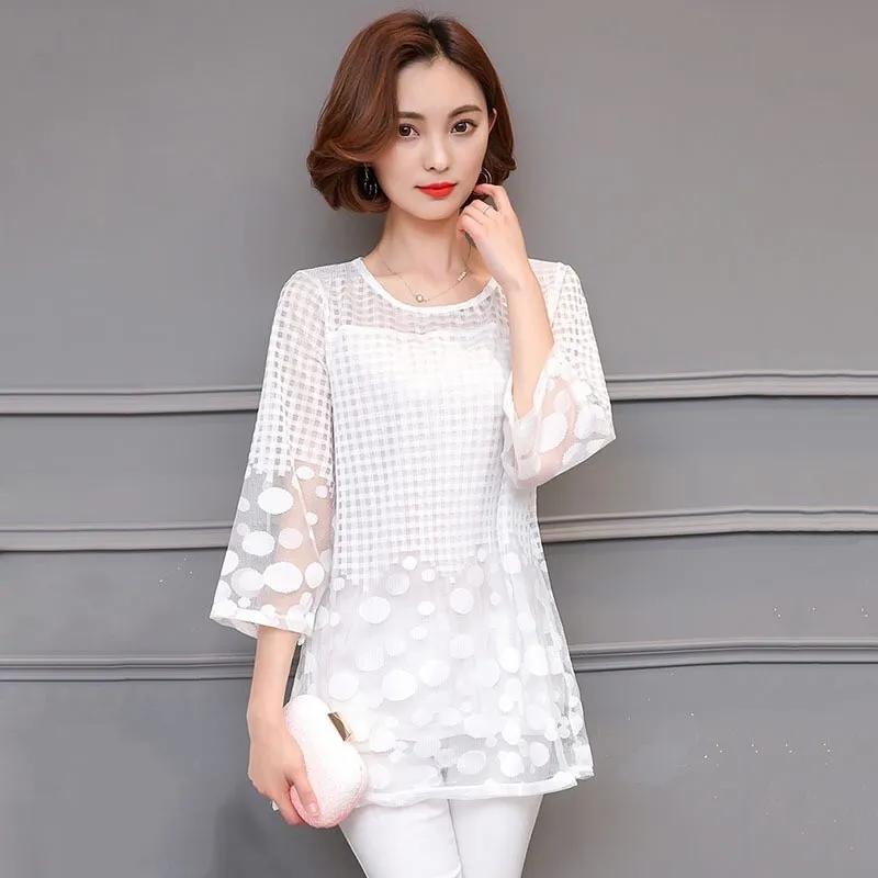 M-5XL Women Summer Blouses Shirt Chiffon Women Tops Plaid Half Sleeves Women Blouses Plus Size 4xl Blusas White Red Black Lace Solid Color Shirt