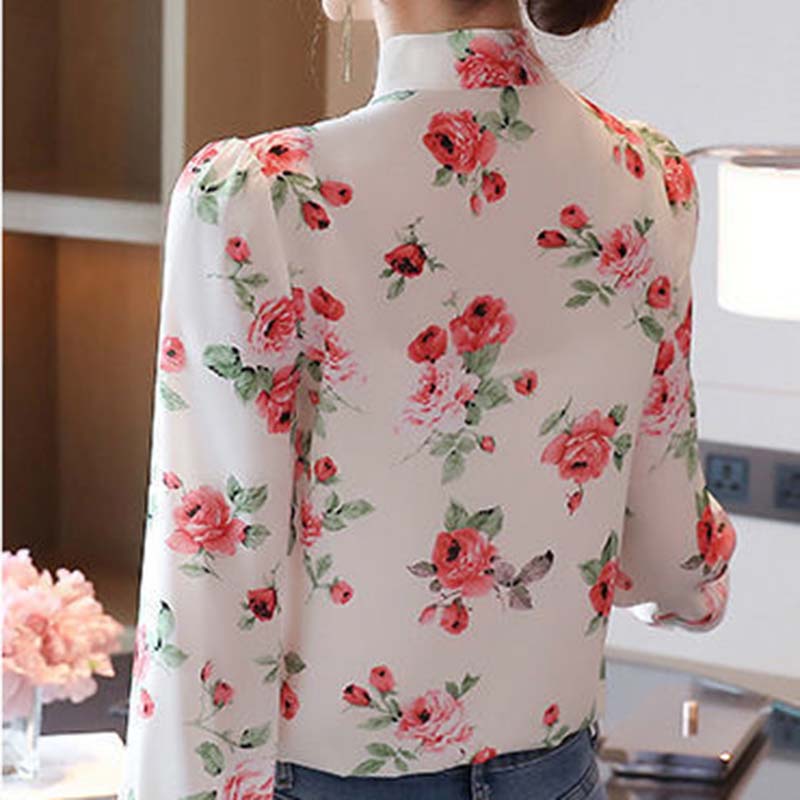 Women's Spring Autumn Chiffon Long Sleeve Top Tie Bow Print Shirt