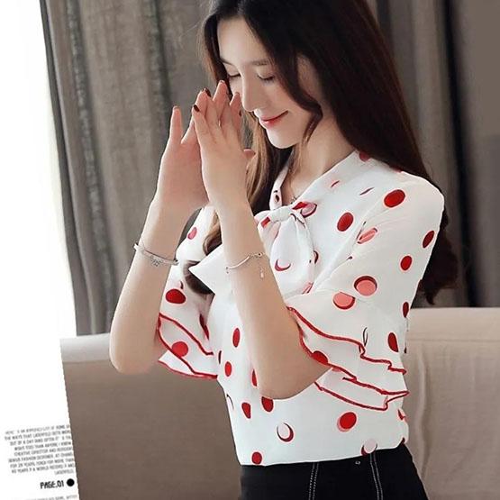S-4XL Women's Spring Summer Short Sleeve Blouses Large Size Loose V-Neck Solid Color Slim Dots Print Tops