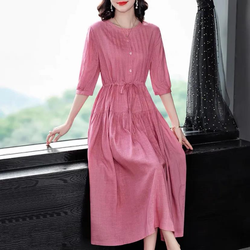 Over The Knee Women Dress Pink Casual Tight Waist Bodycon Dress Short Sleeve Comfortable Summer Dress