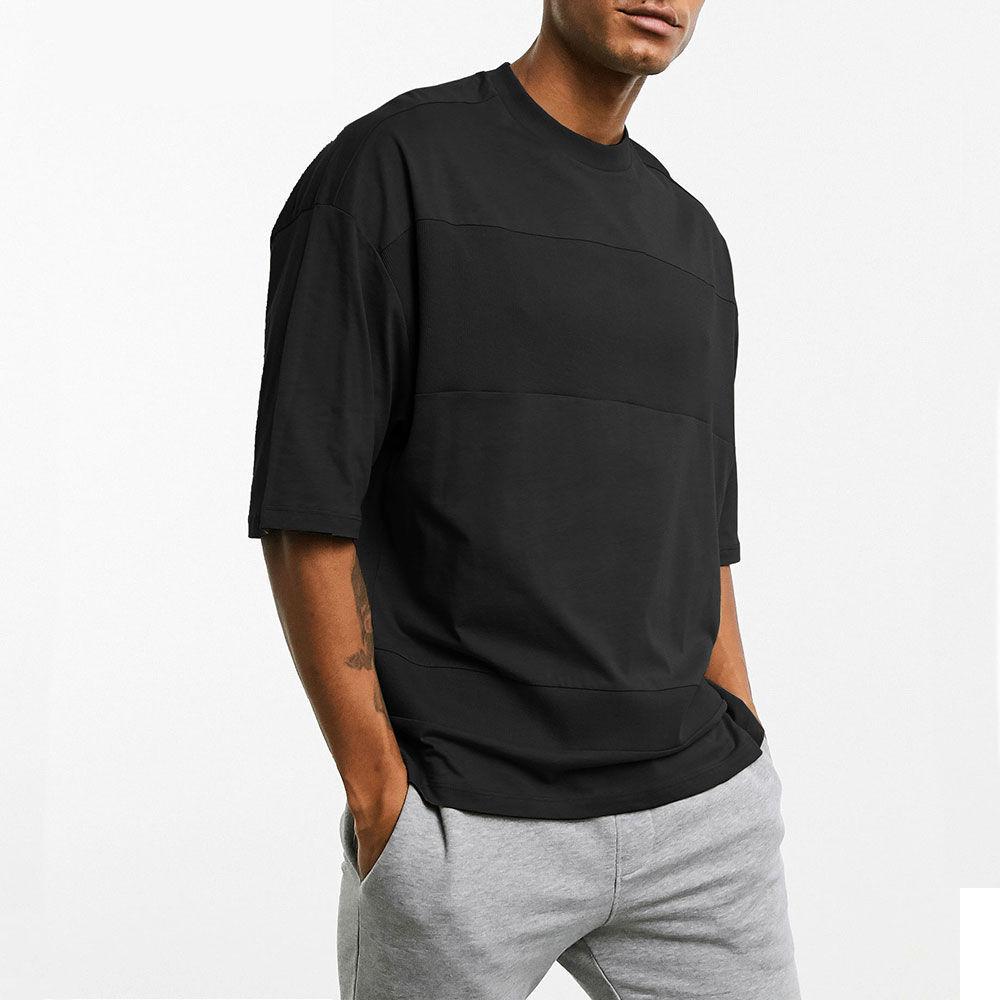 Men's Five-point Sleeve Fitness T-shirt Loose Casual Sports Running Training Clothes Solid Color Stitching Top