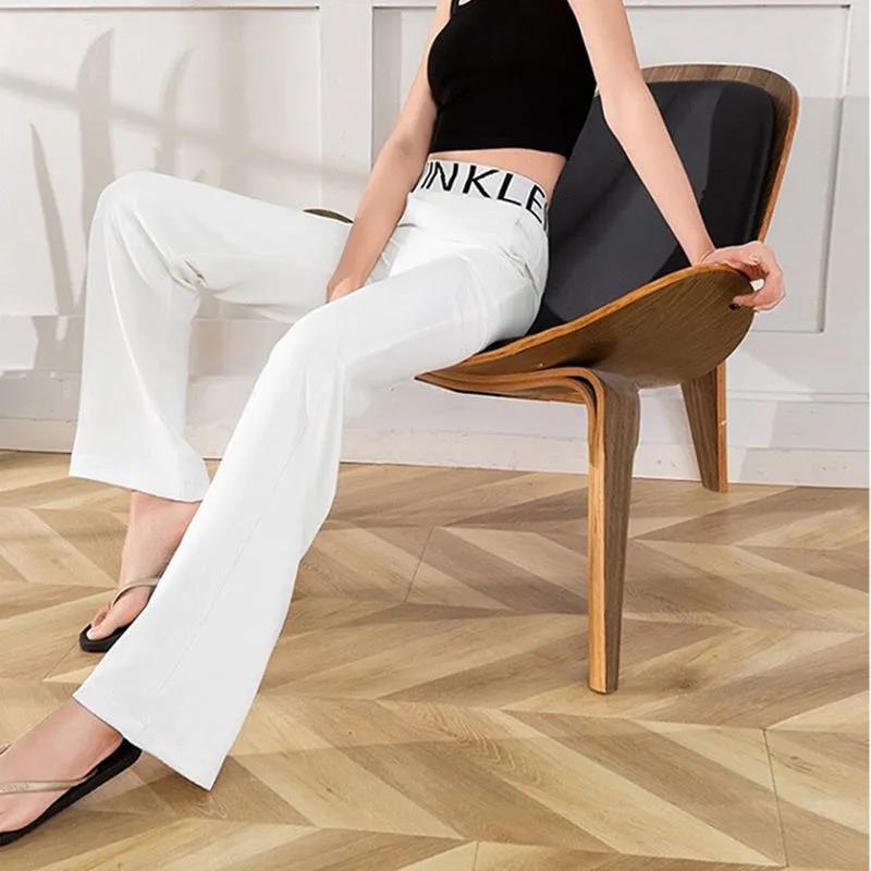 Impermeable White Ice Silk Wide-leg Pants Female High-waist Drape Letter Waist Summer Loose and Thin Chiffon Straight Trousers