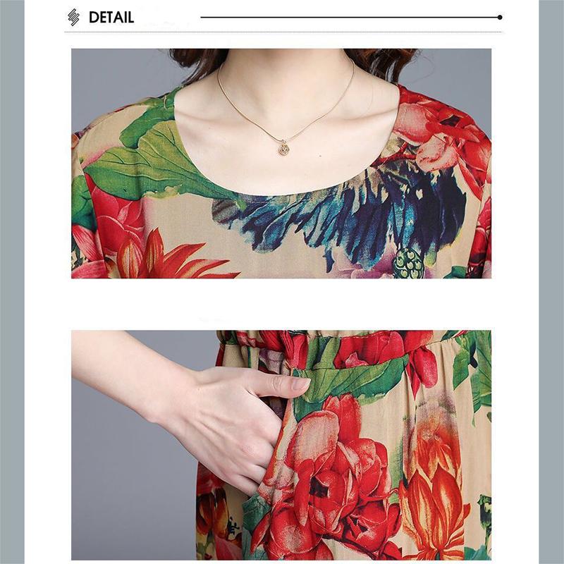 L-XXXXL Plus Size Women Summer Retro Mid-length Printed Over-the-knee Dress Short Sleeve Elastic Waist A-line Skirt