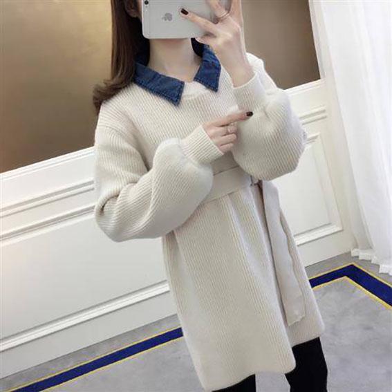 Loose pullover sweater female long section denim collar fake two-piece knit bottoming shirt women
