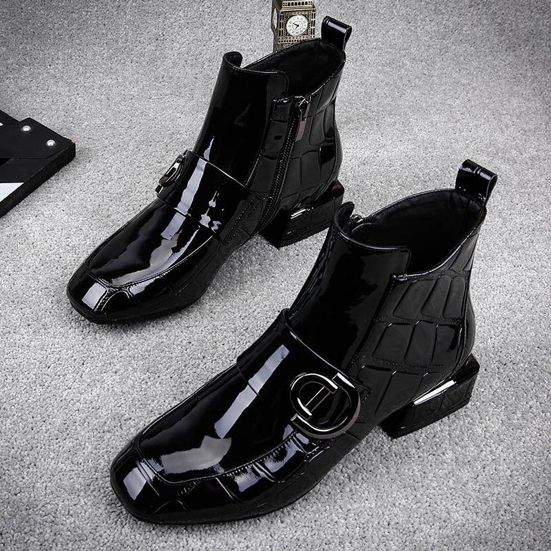 Winter Autumn Women Boots Square Heel Ankle Boots Paint Leather Boots Motorcycle Botas Lady Shoes