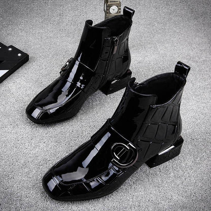 Winter Autumn Women Boots Square Heel Ankle Boots Paint Leather Boots Motorcycle Botas Lady Shoes
