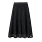 Women Spring Summer Skirt Gauze Pleated Mid-length High Waist Slim Solid Color Hook Flower Hollow Lace A-line Skirt