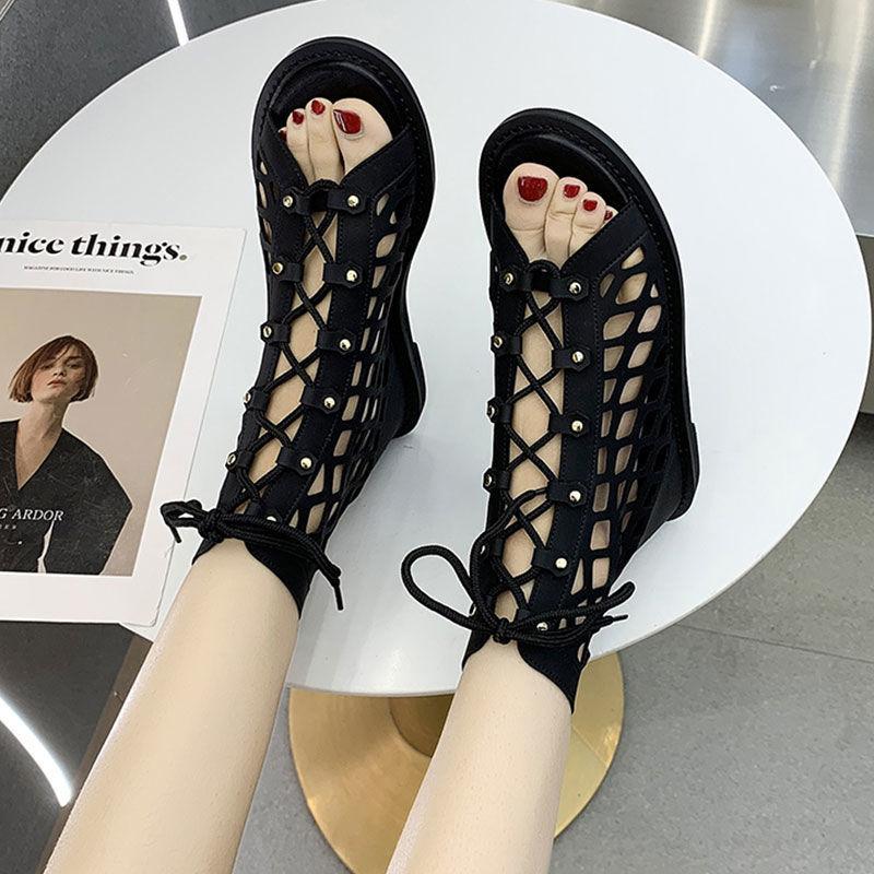 Bohemian Style Sandals Summer Cross Straps Hollowed Out Retro Vacation Roman Flat Sandals Women
