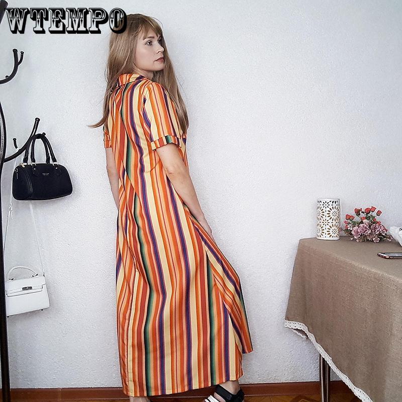 Long Dress Ladies Shirt Dress Color Stripe Pattern Button Closure Loose and Casual Vacation Sandy Beach