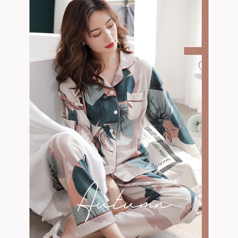 Women's Long Sleeve Floral Printed Pajamas Set Spring Autumn Casual Sleeping Suit Loose Comfortable Home Wear Pants Blouses Two Piece Set