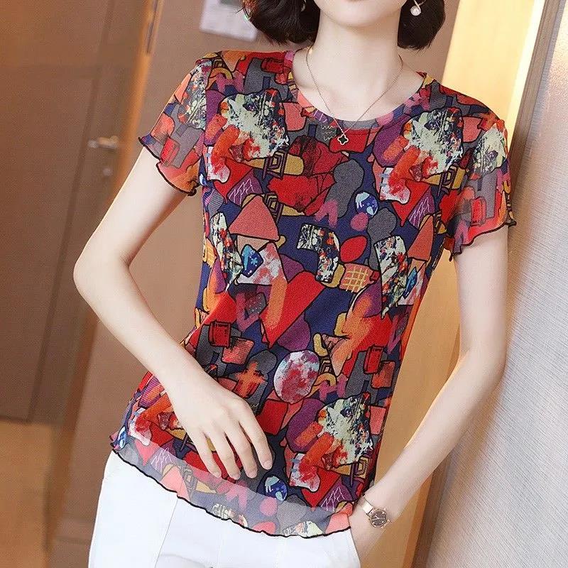 Women's Summer Lace Short Sleeve T-Shirt Round Neck Floral Slim Top