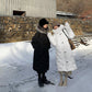Fluffy Big Fur Collar Hooded White Duck Down Down Jacket Women's Mid-length Loose Women's Winter Thick Coat Button Design Winter Jacket