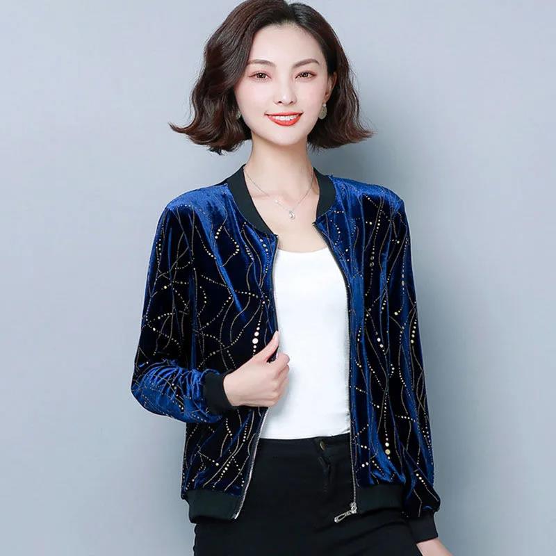 Autumn and Winter Loose Gold Velvet Printed Short Coat Women's Casual Baseball Uniform Loose Long-sleeved Cardigan Top