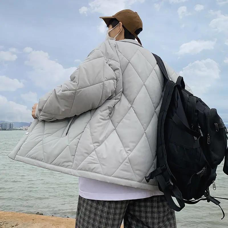 Workwear Cotton Men's Tide Brand Solid Color Stand-up Collar Cotton Jacket Diamond Lattice Warm Jacket Cotton Jacket Men