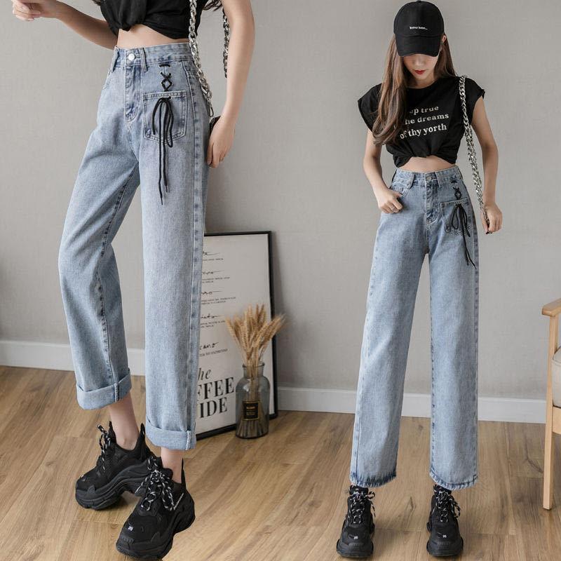 High-waisted Wide-leg Jeans Women's Loose Korean Style Students Slim  Thin All-match Straight Mopping Pants