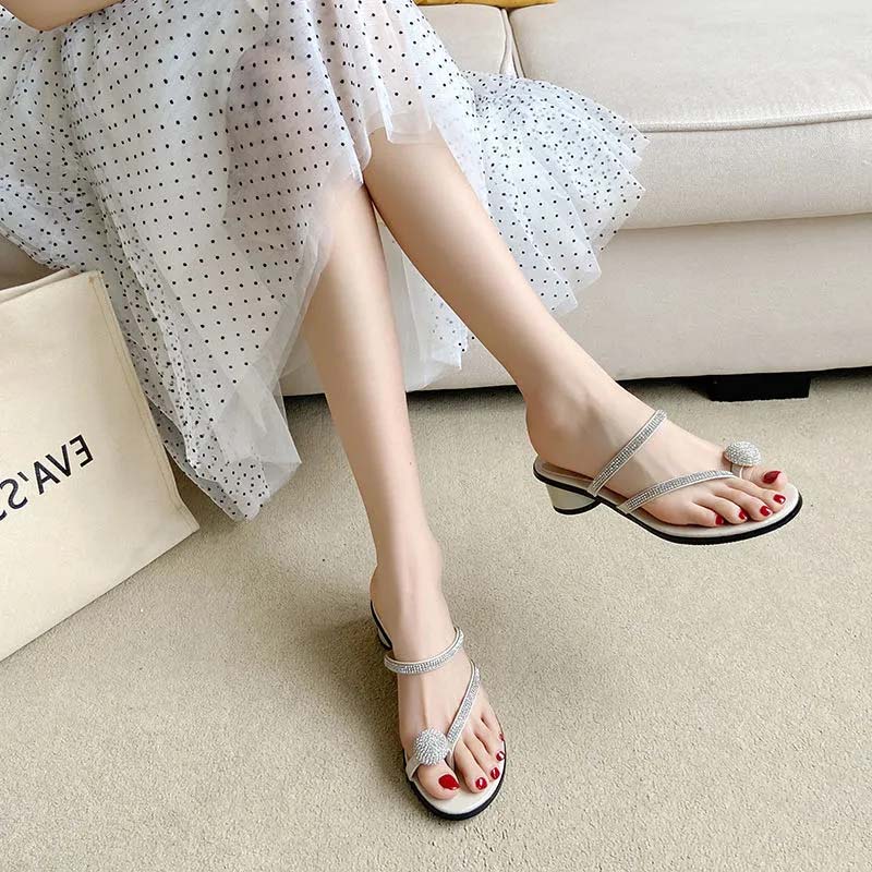 Women Sandals and Slippers Summer Rhinestones High-heeled Sandals Shiny Thin Strap Flip-flops Simple Thick-heeled Slippers All-match Beach Sandals