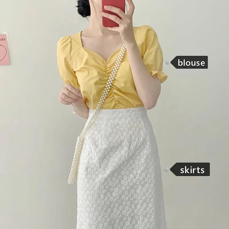 Two-piece Small Fresh Jacket Temperament Sweet Half-length Skirt Suit Female Short-sleeved Shirt + Half-length Skirt Lady Sweet Style Two-piece Suit