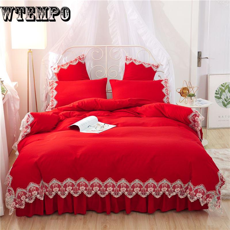 Princess Style Duvet Cover Set Cotton Bedding Sets Girls Cute Lace Bed Skirt Bedding Sets