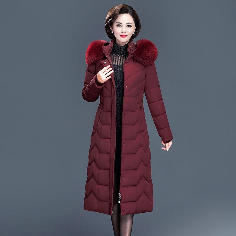 Women Plus Size Long Slim Down Coats Office Ladies Solid Warm Winter Jacket Hooded with Fur Collar Thick Cotton Padded Parkas Thickening Coats