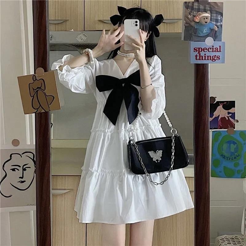 Girl Student Knee-length Solid Color Dress Sailor Collar Navy Dress Sweet Bow-knot