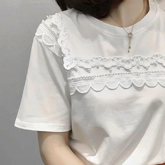 Women's Short Sleeve T-shirt Summer Printing Large Size Loose All-match Lace Top