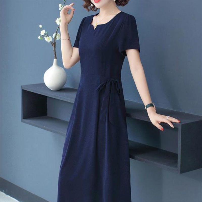 Middle-aged Female Mother Cotton Skirt Summer Dress Short-sleeved Temperament Dress Casual Breathable Perspiration