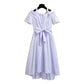 Pofulove Striped shirt dress summer women's midi loose off-shoulder pleated strap dress with belt