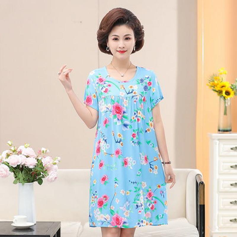 Nightdress Female Summer Cotton Silk Mid-length Short-sleeved Plus Size Dress 40-year-old Pajamas Home Service Mother Wear