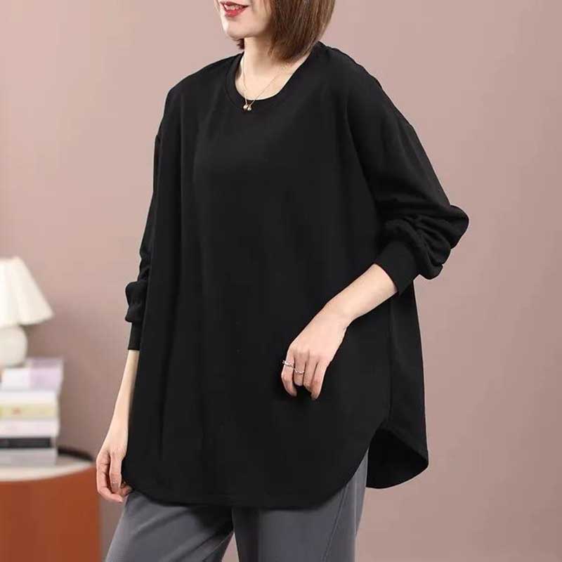 Spring and Autumn Cotton Loose Large Size Casual Solid Color Round Neck Bottoming Shirt Women's Long-sleeved T-shirt