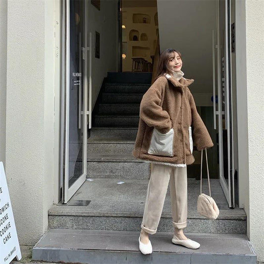 Korean Mid-length Double-sided Cotton-padded Jacket Women's Winter Cotton-padded Jacket and Lamb Wool Thick Coat Sweet
