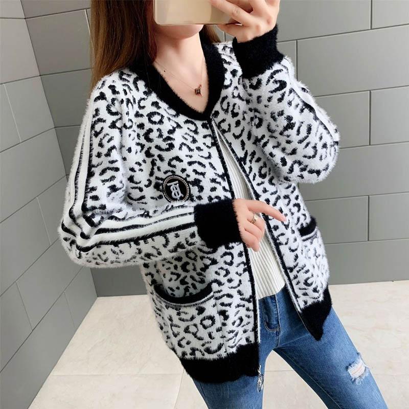 Imitation Mink Fleece Cropped Top Autumn and Winter Sweater Leopard Print Loose Wild Knit Cardigan