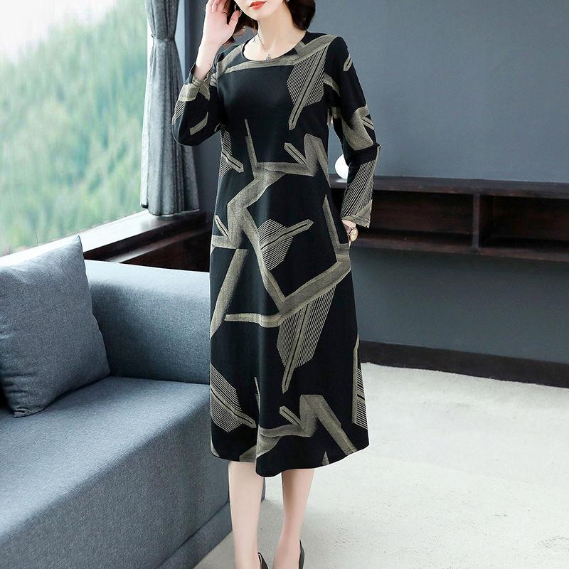 Large Size Long-sleeved Dress Women Spring and Autumn Mid-length Over-the-knee Bottoming Skirt Round Neck Print
