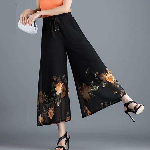 S-4XL Women's Spring Summer Elastic Waist Wide Leg Pants Large Size Thin Loose Printed Cropped Pants
