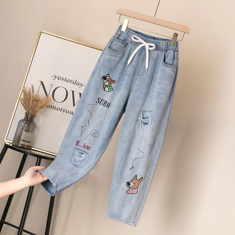 Jeans Girls Loose Straight Elastic Waist College Style High Waist Trousers Spring and Autumn Cropped Trousers