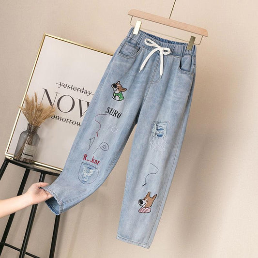 Jeans Girls Loose Straight Elastic Waist College Style High Waist Trousers Spring and Autumn Cropped Trousers