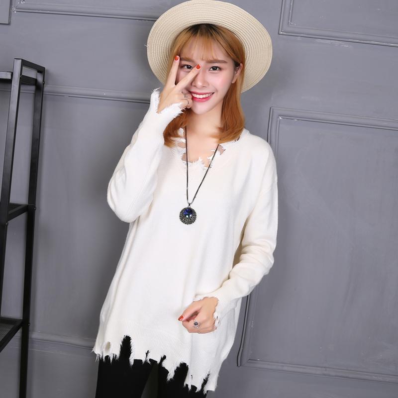 Autumn  Winter Women's Mid-length Sweater Ripped Tassel Sweater Casual Loose Knit Sweater Dress Outer Wear