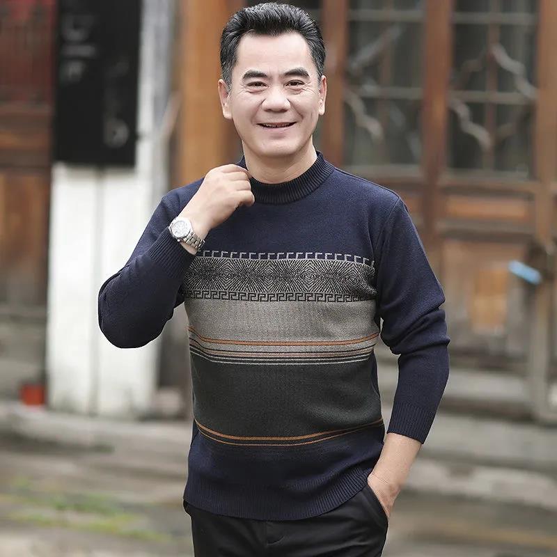 Men's Middle-aged and Elderly Sweater Dad Bottoming Shirt Crew Neck Pullover Autumn and Winter Knitted Sweater Loose Warm Grandpa Shirt