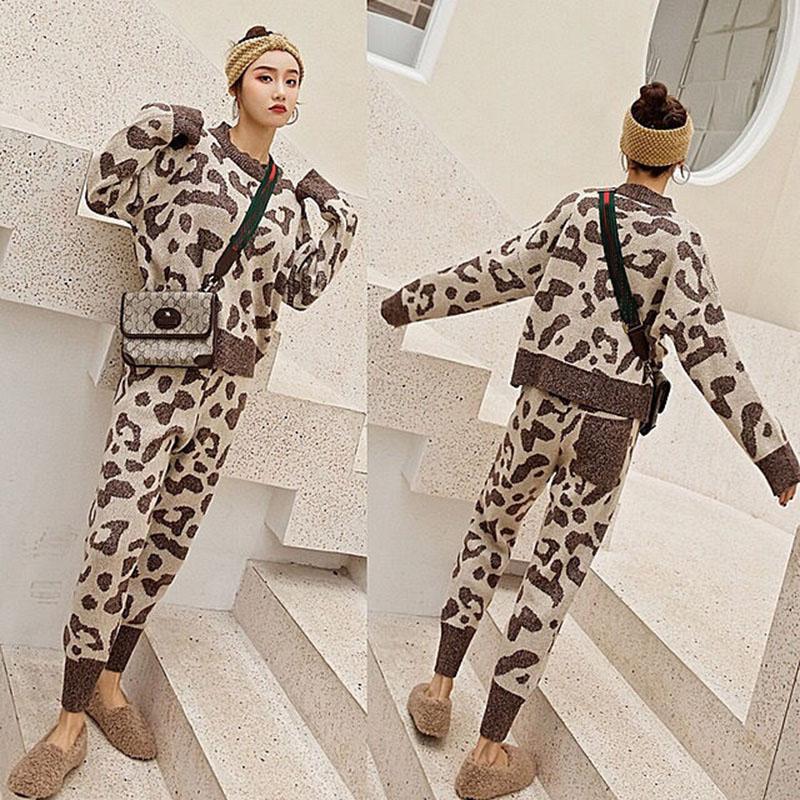 2pcs/set Women Knit Leopard Pullover Sweaters+Pants Sets Woman Fashion Jumpers Trousers 2 PCS Costumes Outfit