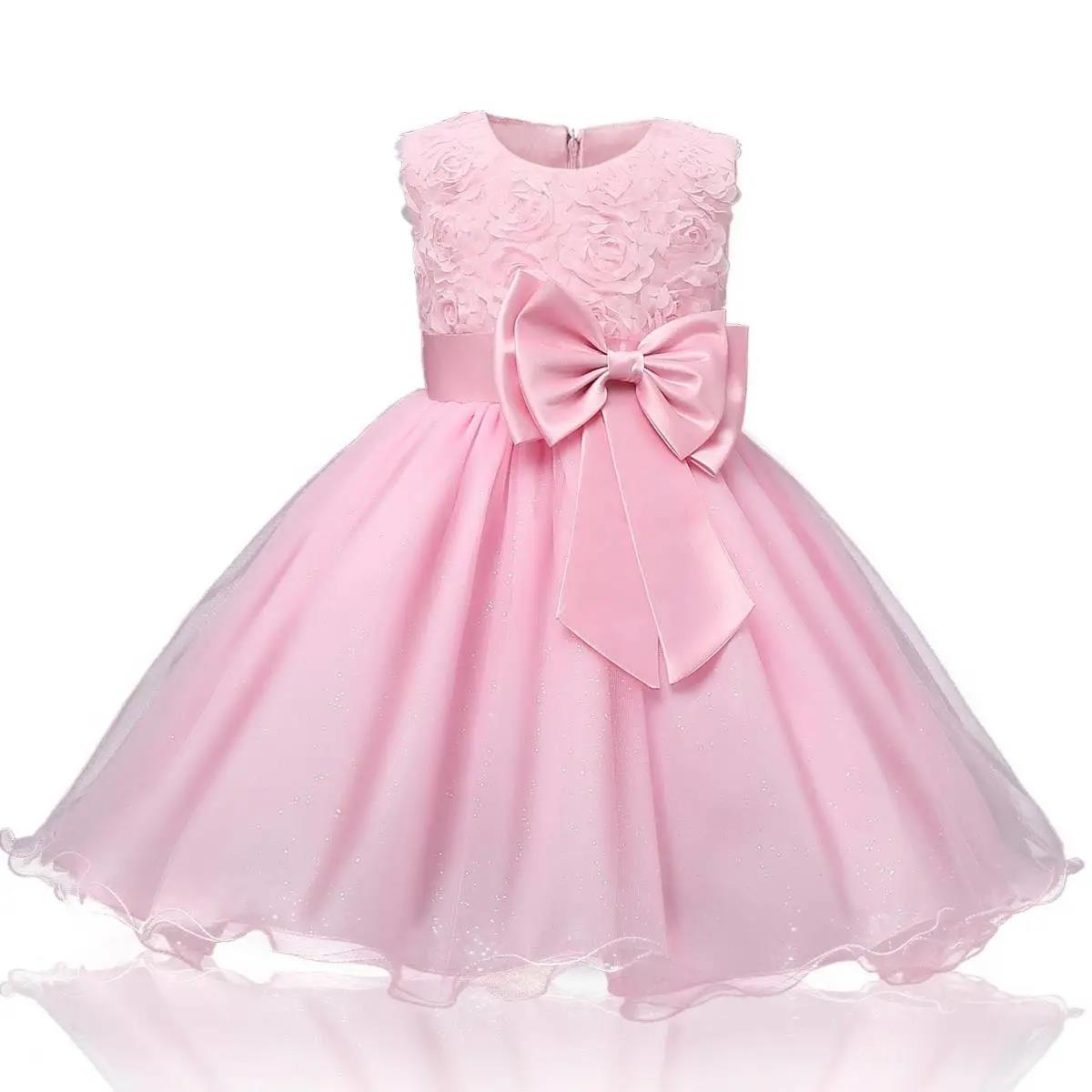Girls Dress Net Gauze Tutu Skirt Rose Flower Bow Little Princess Birthday Show Dress