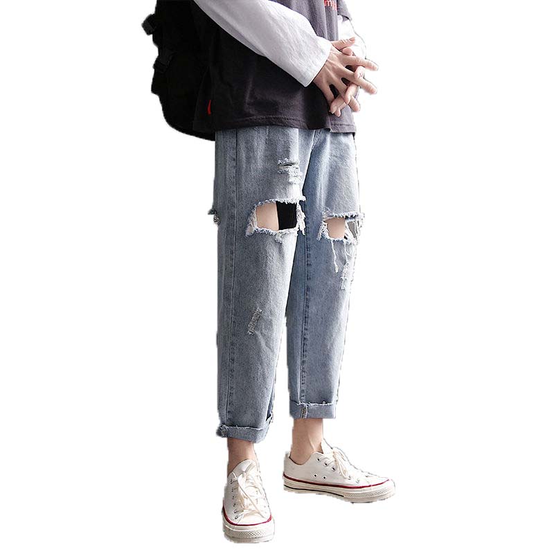 Summer Big Ripped Jeans Men's Loose Straight Leg Raw Edge Nine-point Pants Men's All-match Casual Pants