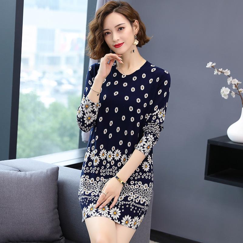 Floral Print Sweater Dress Women Autumn Winter  Knitted Pullover O-Neck Long Sleeve Long Knit Dress