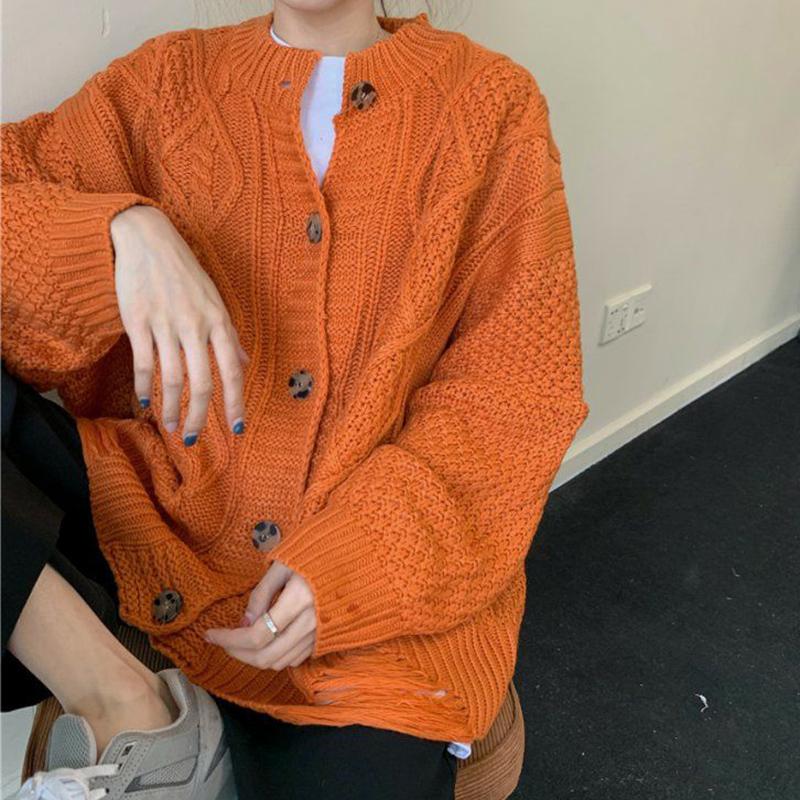 Knitted Jacket Women Autumn Winter Ripped Sweater Women Korean Loose Twist Cardigan Casual Long-sleeved Top