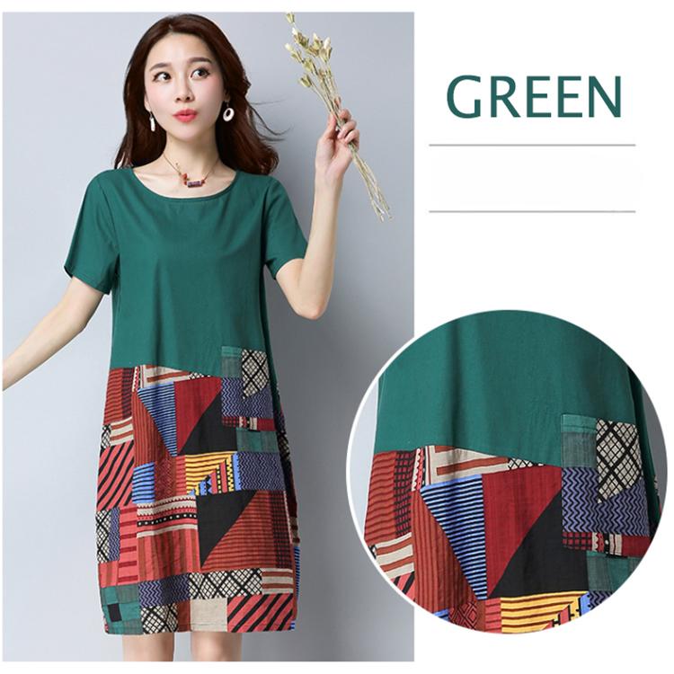 Vintage M-XXXL Summer Cotton and Linen Short-sleeved Knee-length Geometric Splicing Dress