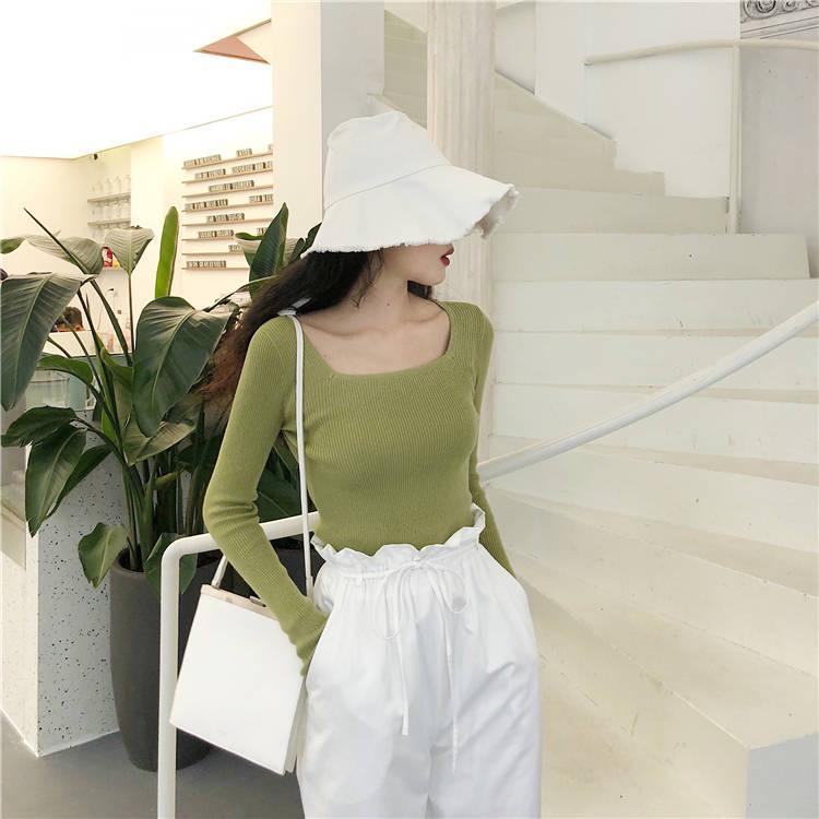 Pofulove Open Collarbone Square Collar Shirt Sweater Female Student Tight Bottoming Slim Sweater