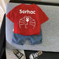 Baby Boy Clothing Set Kids Cute Summer Suit T-Shirt Denim Shorts Cartoon Children Outwear Cotton Outfits Khaki Red