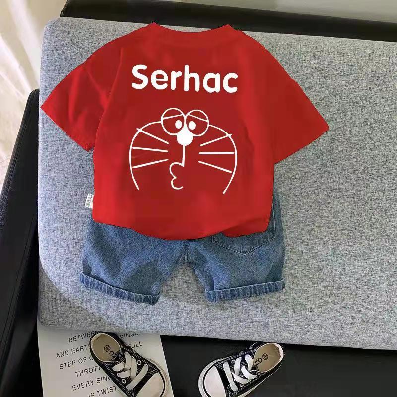 Baby Boy Clothing Set Kids Cute Summer Suit T-Shirt Denim Shorts Cartoon Children Outwear Cotton Outfits Khaki Red