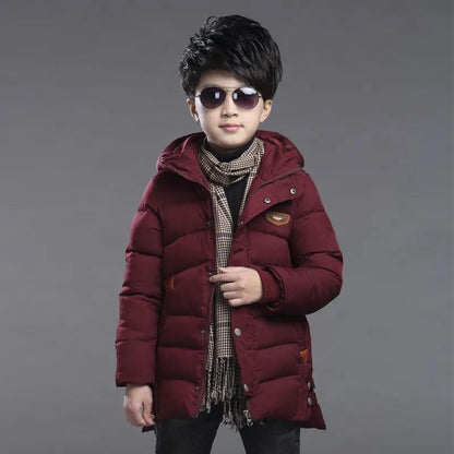 Boy's Cotton-padded Jacket Western Style Children's Coat Plus Velvet Padded Jacket Winter Clothes In The Big Children's Mid-length Korean Version