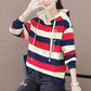 Women's Large Size Striped Hoodies Spring and Autumn Cotton Loose Coat Slim Versatile Long Sleeve Tops