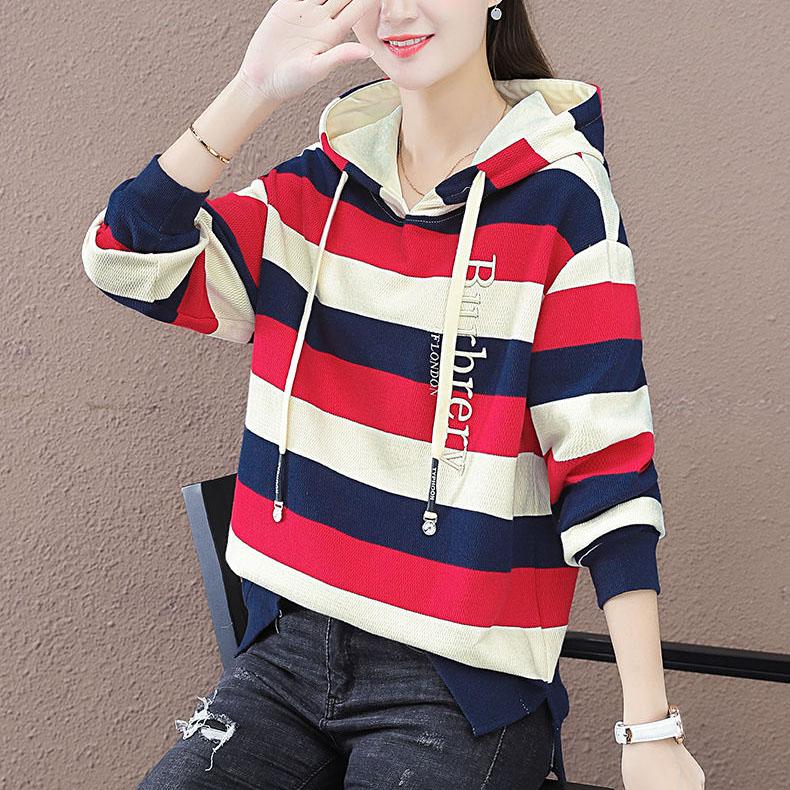 Women's Large Size Striped Hoodies Spring and Autumn Cotton Loose Coat Slim Versatile Long Sleeve Tops