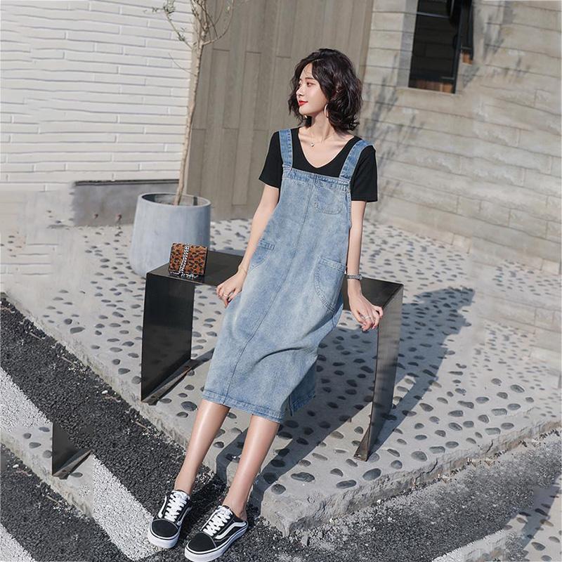 Denim Suspender Skirt Spring Summer Loose Over The Knee Mid-length Suspender Dress Thin
